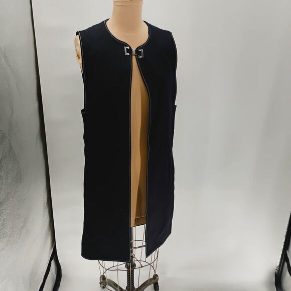 ZARA LONG dark blue vest open clasp contrast stitch long lined vest open front - Picture 10 of 12